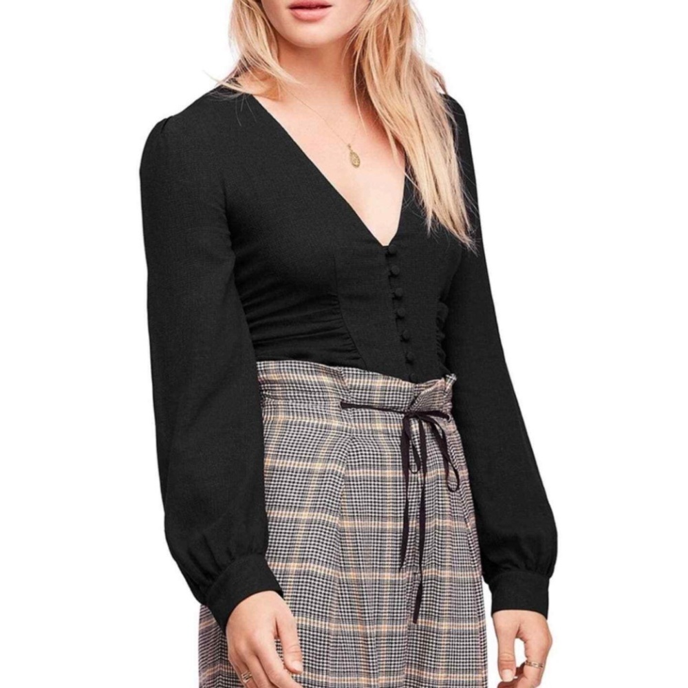 Free People Black V-Neck Button Front Long Sleeve Top